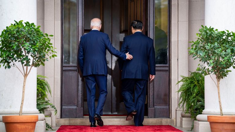 President Joe Biden greets China&#39;s President President Xi Jinping at the Filoli Estate in Woodside, Calif., Wednesday, Nov, 15, 2023, on the sidelines of the Asia-Pacific Economic Cooperative conference. (Doug Mills/The New York Times via AP, Pool)