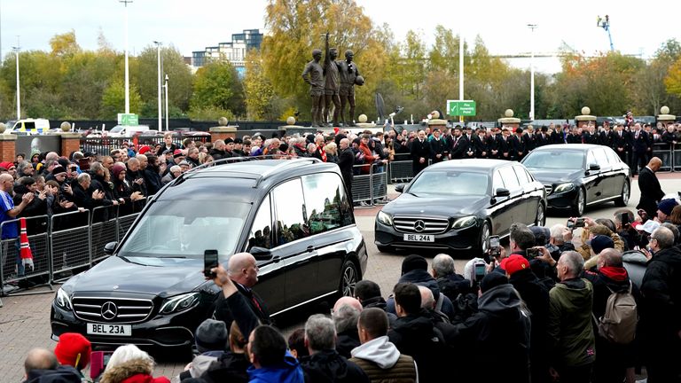 The funeral procession for Sir Bobby Charlton .passes Old Trafford