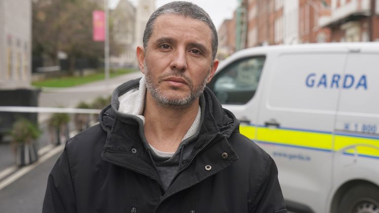 Caio Benicio, a Deliveroo driver, is at the scene in Dublin city centre after he witnessed the incident on Parnell Square East, where five people were injured, including three young children. Caio had been on a job when he came across the scene and intervened. Picture date: Friday November 24, 2023.