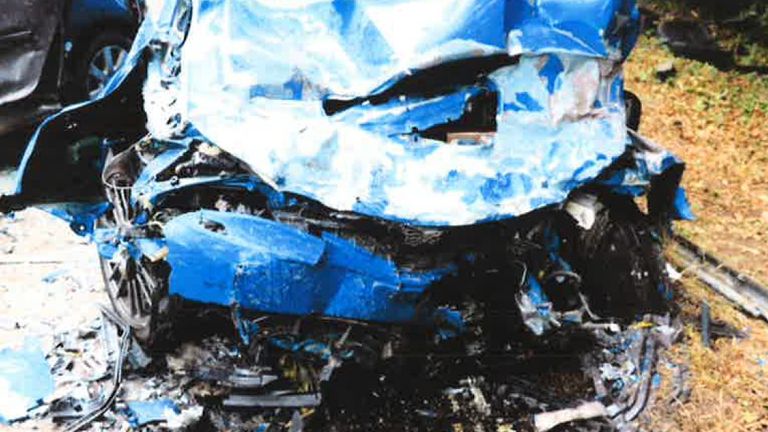 The wreckage of Toni Wallace&#39;s car. Pic: Motor Insurers&#39; Bureau