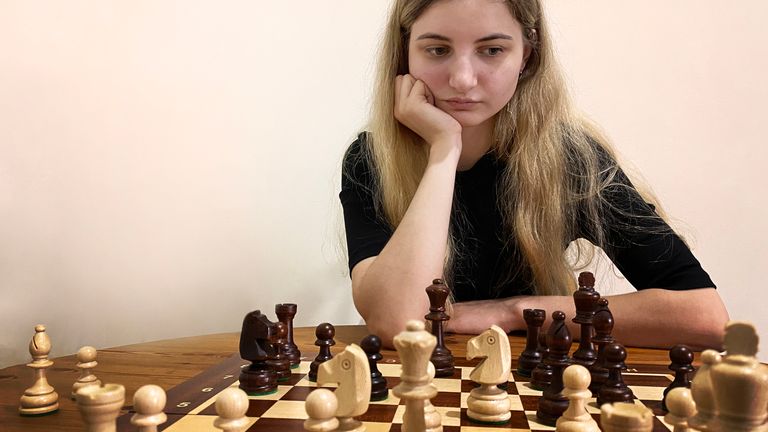 Kamila Hryshchenko plays chess in Hull with reporter Michael Drummond