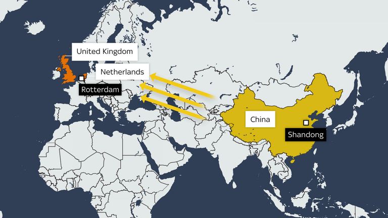 A map showing the supply chain of seafood from China to the UK