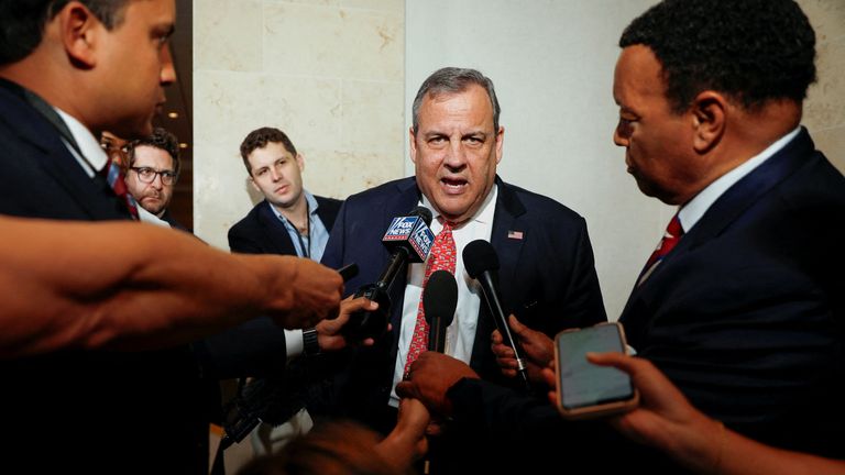 Former New Jersey Governor Chris Christie talks to the press during the Florida Freedom Summit in Kissimmee, Florida, U.S., November 4, 2023. REUTERS/Octavio Jones
