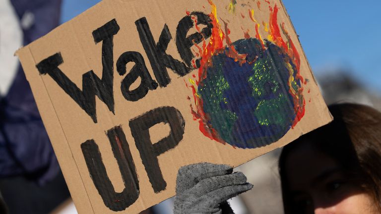 A woman holds a sign as tens of thousands of people marched through Amsterdam, Netherlands, Sunday, Nov. 12, 2023, to call for more action to tackle climate change. Pic: AP