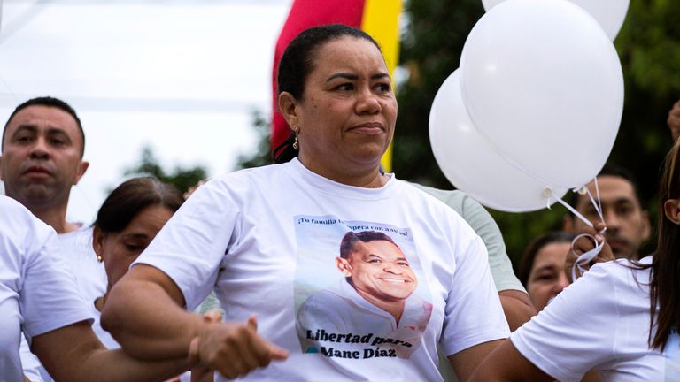 Cilenis Marulanda, mother of Colombian soccer player Luis Diaz, joins a march to demand the release of her husband and the father of the Liverpool striker Luis Manuel Diaz
Pic:AP
