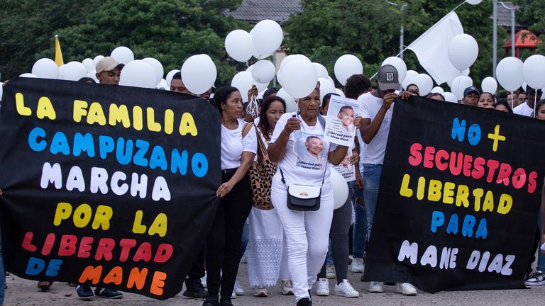 People march demanding the release of  Luis Manuel Diaz the father of Liverpool striker, Luis Diaz in Colombia 
Pic:AP