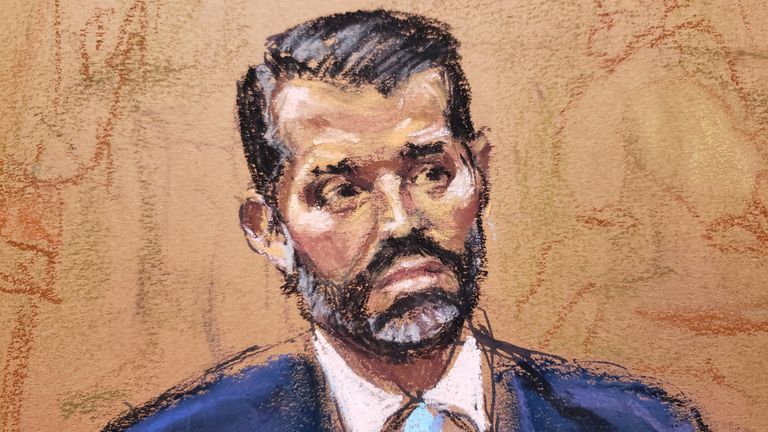 Trump Jr under questioning in a court sketch by artist Jane Rosenberg commissioned by Reuters news agency 