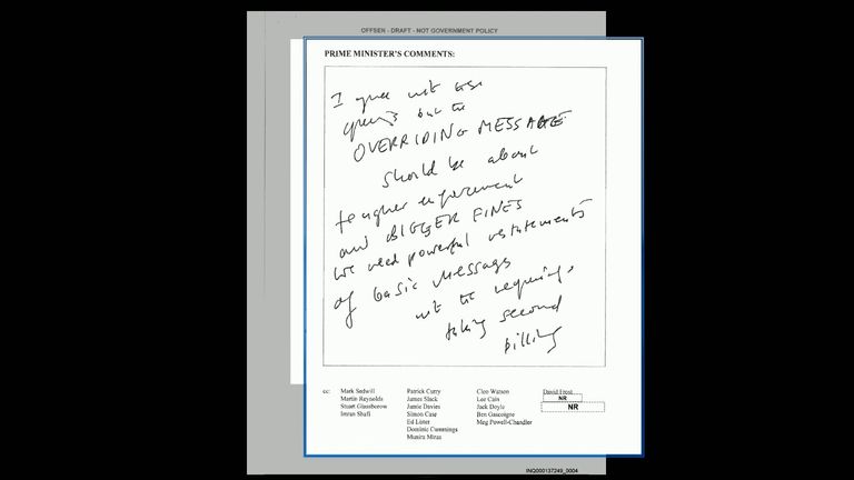 Screen grab from the UK Covid-19 Inquiry Live Stream showing a handwritten note by former prime minister Boris Johnson, in which he called for &#39;BIGGER FINES&#39;. Issue date: Thursday November 9, 2023.

