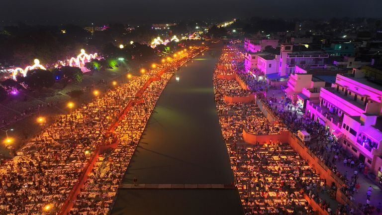 Lamps on the river Saryu on the eve of the Hindu festival of Diwali Pic: AP/Rajesh Kumar Singh