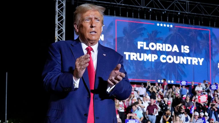 Former President Donald Trump wraps up a campaign rally in Hialeah, Fla., Wednesday, Nov. 8, 2023. (AP Photo/Lynne Sladky)