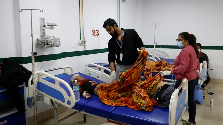 Sushant Pun Magar, 5, who was injured during the Jajarkot earthquake undergoes treatment at a hospital in Nepalgunj, Nepal November 4, 2023. REUTERS/Navesh Chitrakar