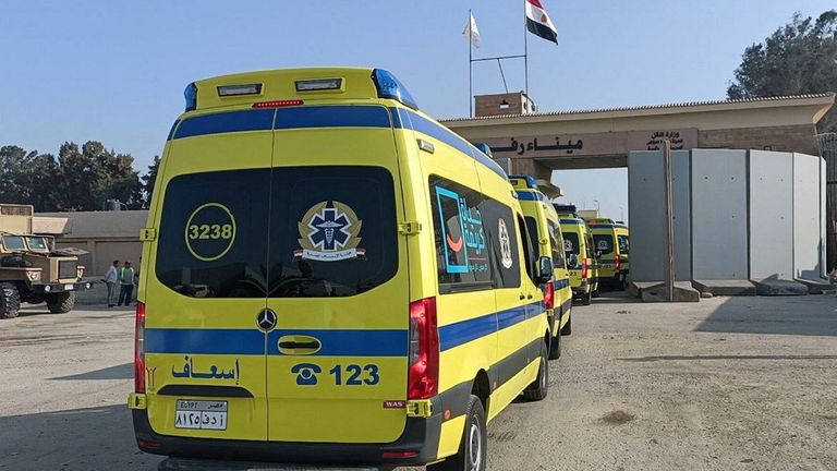 Egyptian ambulances which will carry critically injured people, drive through the Rafah crossing from the Egyptian side, amid the ongoing conflict between Israel and the Palestinian Islamist group Hamas, in Rafah, Egypt November 1, 2023. REUTERS/Stringer
