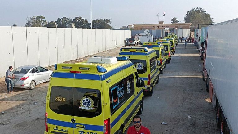 Egyptian ambulances convoy which will carry critically injured people waits to go through the Rafah crossing from the Egyptian side, amid the ongoing conflict between Israel and the Palestinian Islamist group Hamas, in Rafah, Egypt November 1, 2023. REUTERS/Stringer
