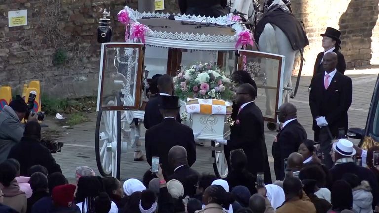 The coffin of Elianne Andam arrives for her funeral  at the New Life Christian Centre, Croydon.  The 15-year-old was stabbed to death in Croydon on her way to school on September 27. Issue date: Saturday November 11, 2023. PA Photo. Photo credit should read: Shivansh Gupta/PA Wire 