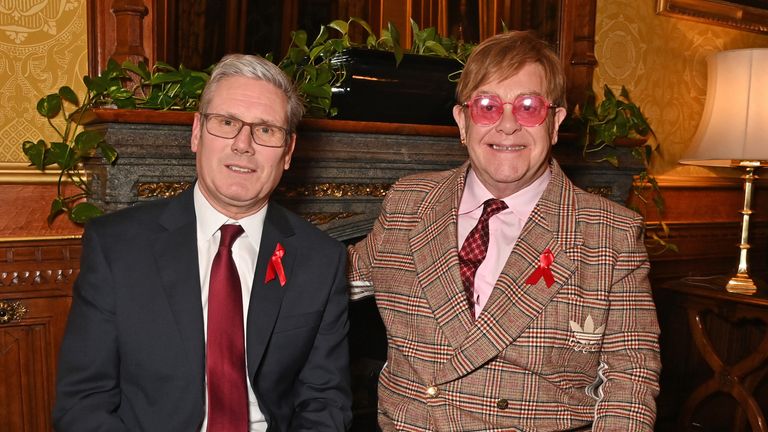LONDON, ENGLAND - NOVEMBER 29: Sir Keir Starmer, Leader of The Labour Party, and Sir Elton John attend a reception honouring Sir Elton John hosted by the All Party Parliamentary Group on HIV/AIDS at Speakers House in recognition of his enduring commitment to ending the AIDS epidemic, both personally and through the work of the Elton John AIDS Foundation, on November 29, 2023 in London, England. ..Photo by Dave Benett                                            