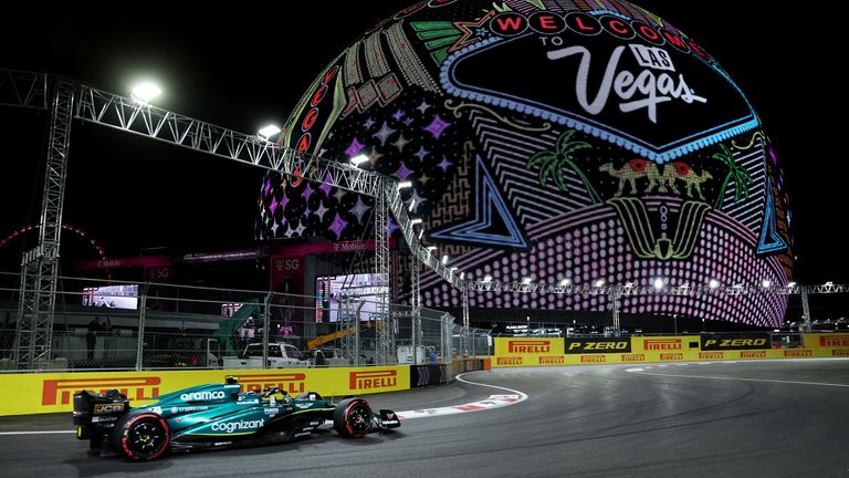Formula One F1 - Las Vegas Grand Prix - Las Vegas Strip Circuit, Las Vegas, Nevada, U.S - November 18, 2023 Aston Martin&#39;s Fernando Alonso in action in front of the sphere during qualifying REUTERS/Mike Blake
