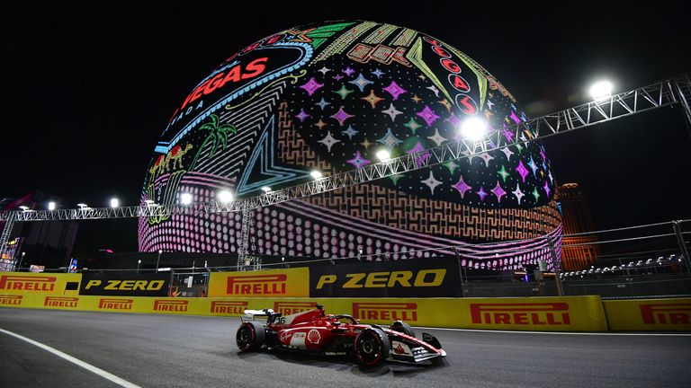 Nov 16, 2023; Las Vegas, Nevada, USA; Scuderia Ferrari driver Charles LeClerc of Monaco (16) during free practice at Las Vegas Strip Circuit. Mandatory Credit: Gary A. Vasquez-USA TODAY Sports