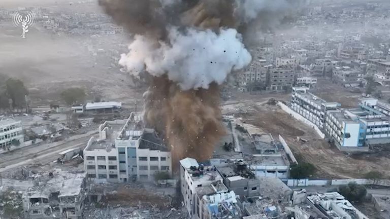 An explosion takes place in what Israel military said was a tunnel at AI Shifa Hospital complex before a temporary truce between Israel and Hamas came into effect, in Gaza, in this still image obtained from a handout video obtained by Reuters on November 24, 2023. Israel Defense Forces/Handout via REUTERS THIS IMAGE HAS BEEN SUPPLIED BY A THIRD PARTY?