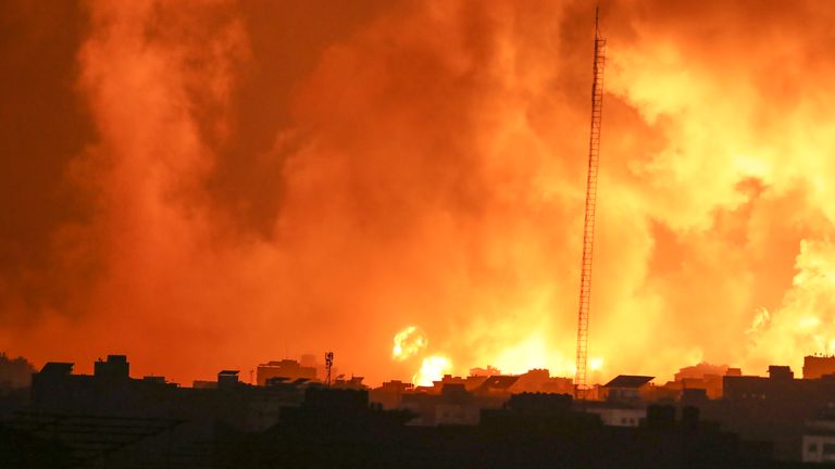 Fire and smoke rises from buildings following Israeli airstrikes on Gaza City, Sunday, Nov. 5, 2023. (AP Photo/Abed Khaled)