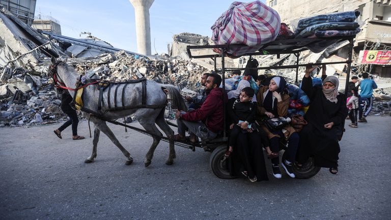 Displaced Palestinians ride on a donkey cart as they make their way home, during a temporary truce between Hamas and Israel, in Khan Younis in the southern Gaza Strip, November 24, 2023. REUTERS/Ibraheem Abu Mustafa