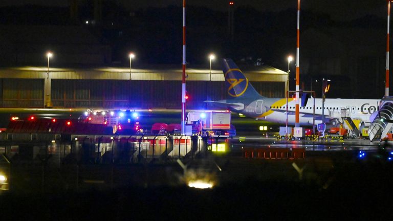 Emergency services and their vehicles are deployed at Hamburg airport. Pic: AP