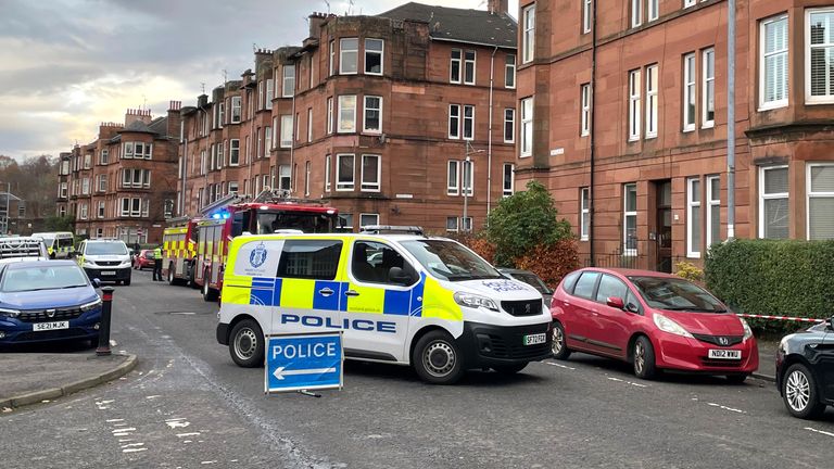Emergency services on Tantallon Road, Glasgow, after a "suspicious" white substance was found on pavements. The powder turned out to be a flour product scattered for a running route. Picture date: Monday November 20, 2023.