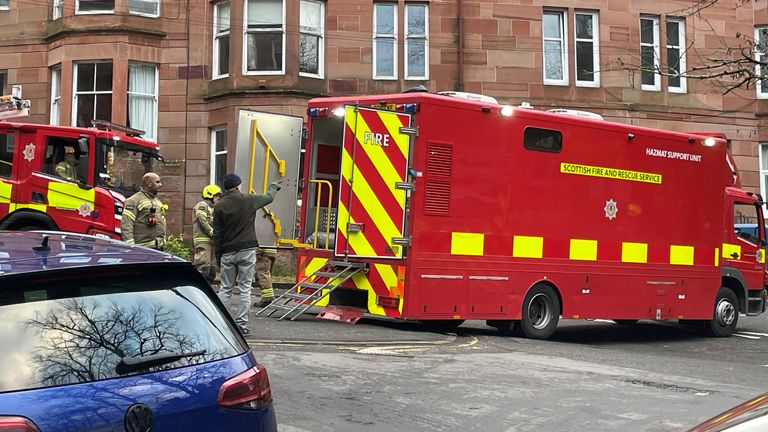Emergency services on Tantallon Road, Glasgow, after a "suspicious" white substance was found on pavements. The powder turned out to be a flour product scattered for a running route. Picture date: Monday November 20, 2023.