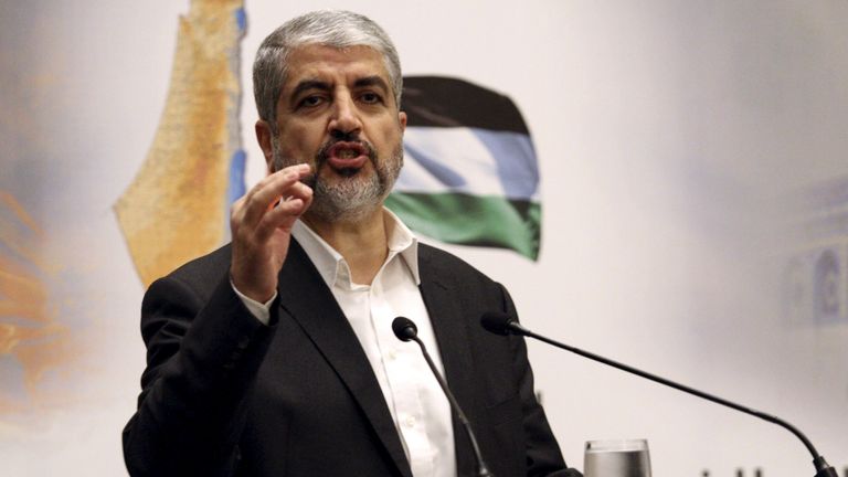 Hamas&#39;s political leader Khaled Meshaal gives a speech in Doha