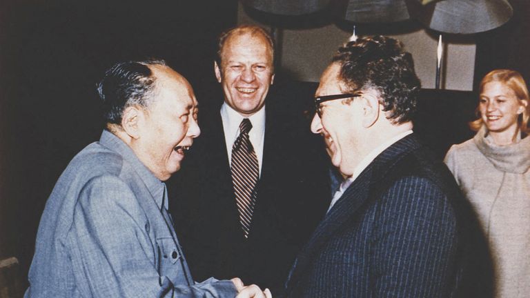Mr Kissinger with President Gerald Ford and Chairman Mao Zedong in Beijing in 1975