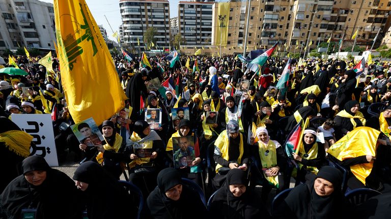 Lebanon&#39;s Hezbollah supporters gather to attend a ceremony to honour fighters killed in the recent escalation with Israel, on the day of Hezbollah leader Sayyed Hassan Nasrallah address, in Beirut&#39;s southern suburbs, Lebanon, November 3, 2023. REUTERS/Alaa Al-Marjani
