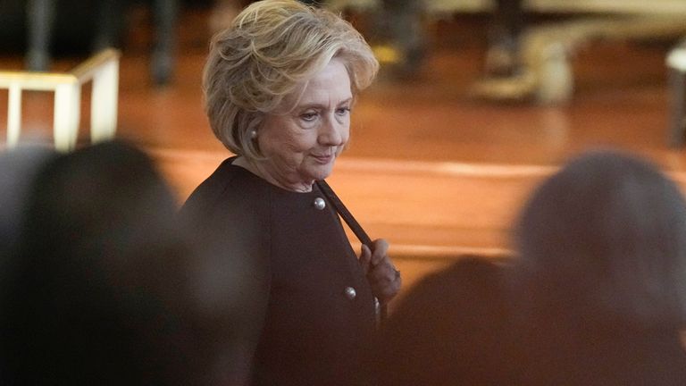 Former Secretary of State Hillary Clinton arrives before a tribute service for former first lady Rosalynn Carter at Glenn Memorial Church at Emory University on Tuesday, Nov. 28, 2023, in Atlanta. (AP Photo/Brynn Anderson, Pool)