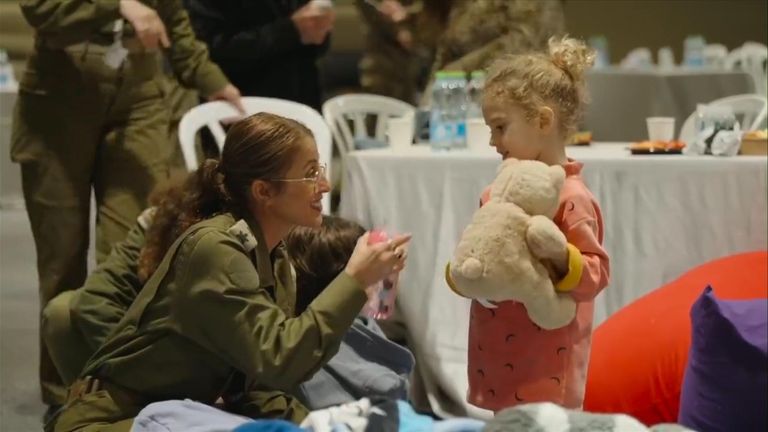 This video, shared by the Israeli Prime Minister’s Office, shows 67-year-old Shoshan Haran, her daughter Adi Shoham, and Adi’s children, eight-year-old Naveh and three-year-old Yahel, being greeted by IDF soldiers.

