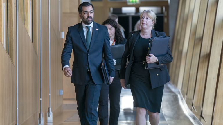 Scotland&#39;s First Minister Humza Yousaf and Deputy First Minister Shona Robison arrive ahead of First Minster&#39;s Questions (FMQ&#39;s) at the Scottish Parliament in Holyrood, Edinburgh. Picture date: Thursday November 9, 2023.