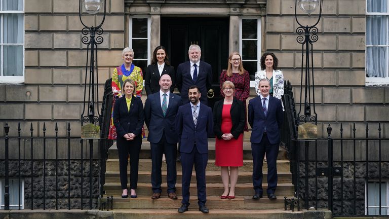 Newly elected First Minister of Scotland Humza Yousaf (centre) with his cabinet (left to right) back row Angela Constance, Secretary for Justice and Home Affairs, Mairi McAllan, Secretary for Net Zero and Just Transition, Angus Robertson, Secretary for Constitution, External Affairs and Culture, Shirley-Anne Sommerville, Secretary for Social Justice, and Mairi Geougeon, Secretary for Rural Affairs, Land Reform and Islands. front row Jenny Gilruth, Secretary for Education and Skills, Neil Gray, S