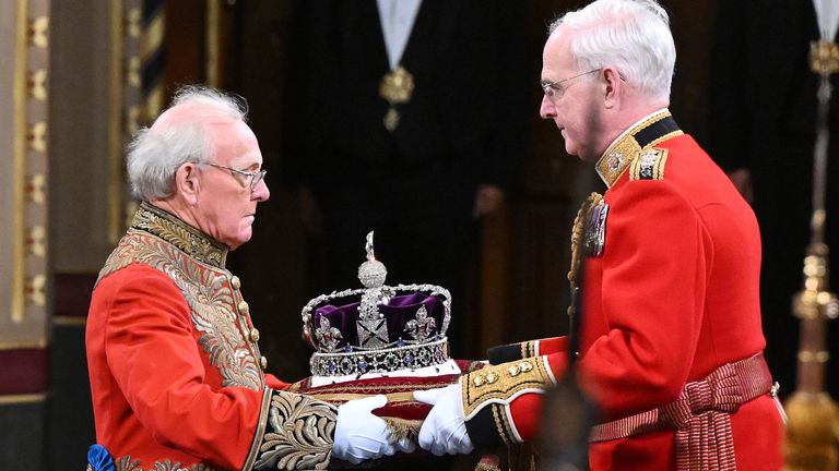 The Imperial State Crown is carried into the Royal Gallery during the State Opening of Parliament in the House of Lords, at the Palace of Westminster, London. Picture date: Tuesday November 7, 2023. PA Photo. King Charles III is delivering his first King's speech as monarch, having previously deputised for the late Queen to open parliamentary sessions. See PA story POLITICS Speech. Photo credit should read: Justin Tallis/PA Wire