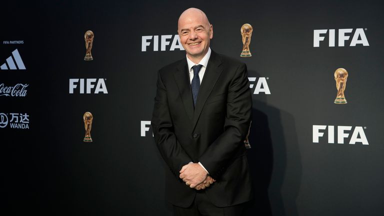 FIFA President Gianni Infantino arrives for a ceremony unveiling the official brand of the 2026 FIFA World Cup at the Griffith Observatory in Los Angeles Wednesday, May 17, 2023. (AP Photo/Jae C. Hong)