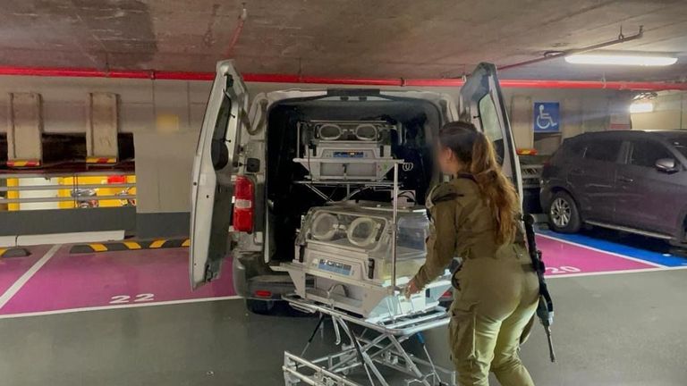An images shared by the Israel Defence Forces showing an incubator being taken out of a van