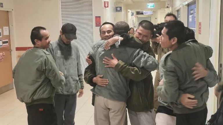 In this photo provided by Thailand&#39;s Foreign Ministry, Thai hostages, who were previously released, hug their newly freed compatriots at the Shamir Medical Center in Israel on Sunday, Nov. 26, 2023. Hamas freed several Thai nationals seized in the group&#39;s surprise attack on southern Israel last month, releasing them alongside Israeli hostages under a cease-fire deal. (Thailand&#39;s Foreign Ministry via AP )