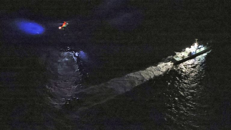 A Japan Coast Guard vessel and a helicopter conduct search and rescue operation at the site where a U.S. military aircraft MV-22 Osprey crashed into the sea off Yakushima Island, Kagoshima prefecture 
Pic:Kyodo /Reuters