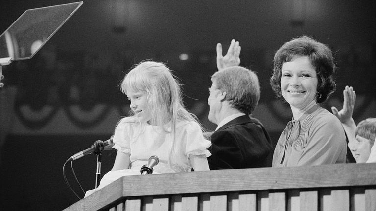 Jimmy and Rosalynn Carter and their daughter Amy at Madison Square Garden in New York City in 1976