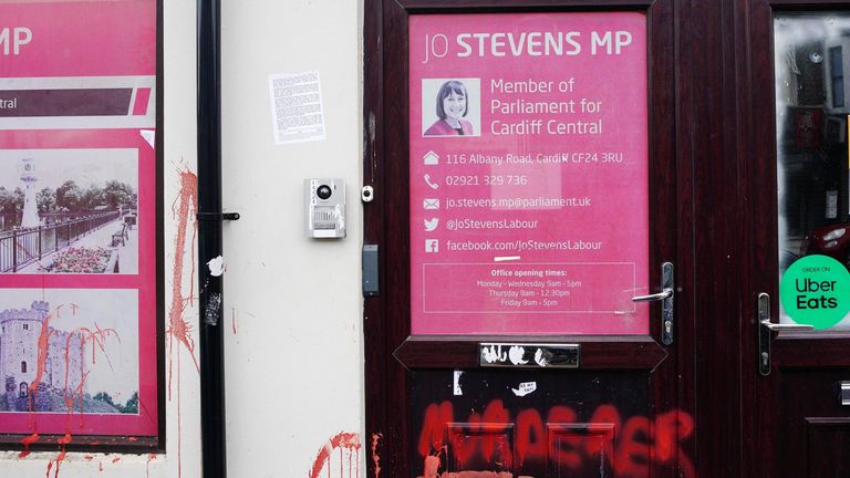 The constituency office of Labour MP Jo Stevens in Albany Road, Cardiff, which was sprayed with red paint and posters were put up accusing her of having "blood on her hands"   