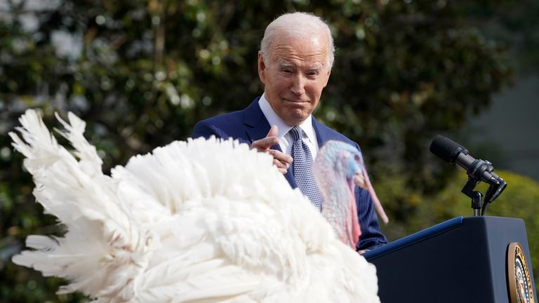 President Joe Biden speaks after pardoning the national Thanksgiving turkey, Liberty. Pic: AP