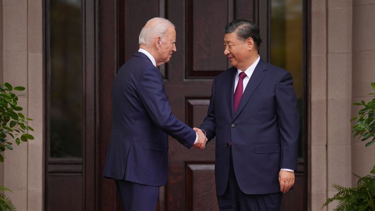 President Joe Biden greets China's leader Xi Jinping at the Filoli Estate