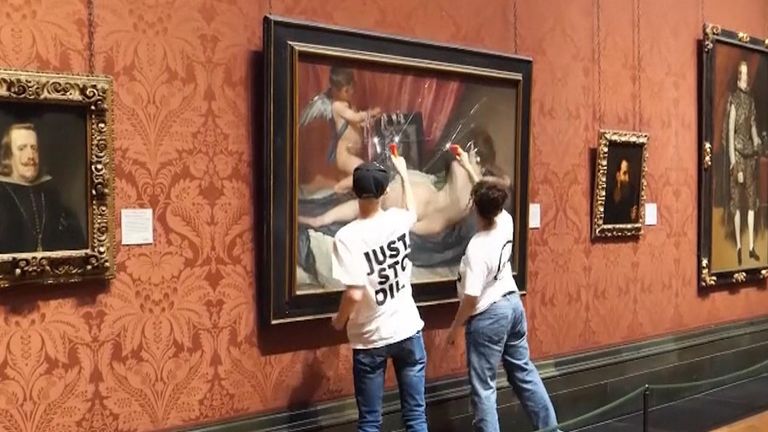 Just Stop Oil protesters smash glass of painting at London&#39;s National Gallery