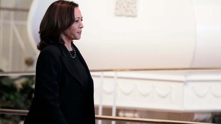 Vice President Kamala Harris arrives before a tribute service for former first lady Rosalynn Carter at Glenn Memorial Church at Emory University on Tuesday, Nov. 28, 2023, in Atlanta. (AP Photo/Brynn Anderson, Pool)