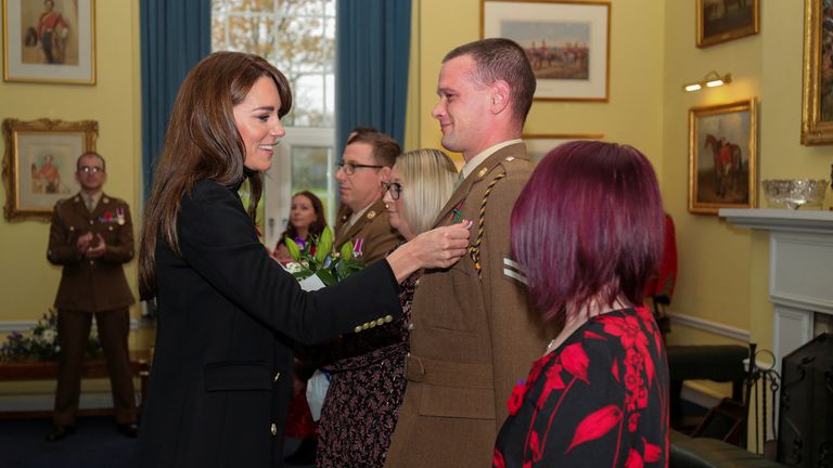 The Princess of Wales presents the Medal for Long Service and Good Conduct during her first visit to 1st The Queen&#39;s Dragoon Guards at Robertson Barracks, Dereham in Norfolk, since being appointed Colonel-in-Chief by The King in August. Picture date: Wednesday November 8, 2023.