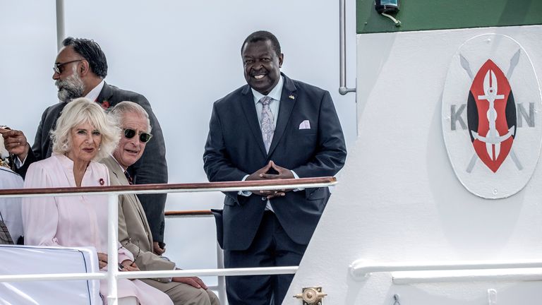 Britain&#39;s King Charles III and Queen Camilla arrive aboard the Admiral?s Barge to meet Royal Marines and Kenya Marines at Mtongwe Naval Base in Mombasa, Kenya November 2, 2023. LUIS TATO/Pool via REUTERS