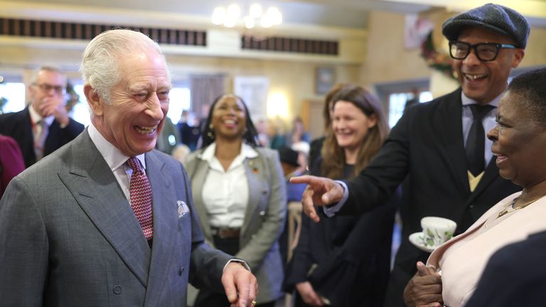 King Charles III talking to Jay Blades during his 75th birthday party at Highgrove Gardens in Tetbury on the eve of his birthday, with community champions who are also celebrating turning 75 in 2023. Picture date: Monday November 13, 2023. PA Photo. See PA story ROYAL King. Photo credit should read: Chris Jackson/PA Wire