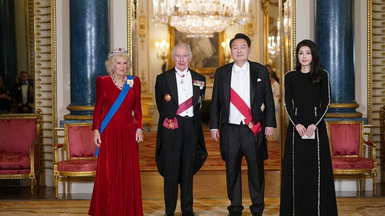 Queen Camilla, King Charles, President of South Korea Yoon Suk Yeol and his wife Kim Keon Hee ahead of the state banquet