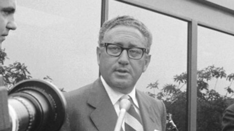 Presidential advisor Dr. Henry Kissinger tells newsmen at the Western White House in San Clemente, July 6, 1973 that the Cambodia issue is being discussed with Chinese envoy Huang Chen who met with President Nixon on Friday, and that they are ?pushing for the quickest possible settlement? to fighting there. Press Secretary Ron Ziegler is left. (AP Photo)